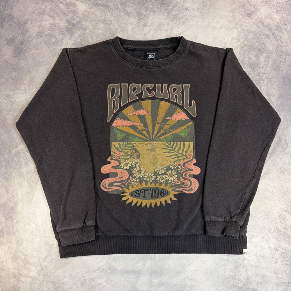 Rip Curl Sweatshirt Womens XS Black Graphic Sunburst Retro Fleece Crewneck